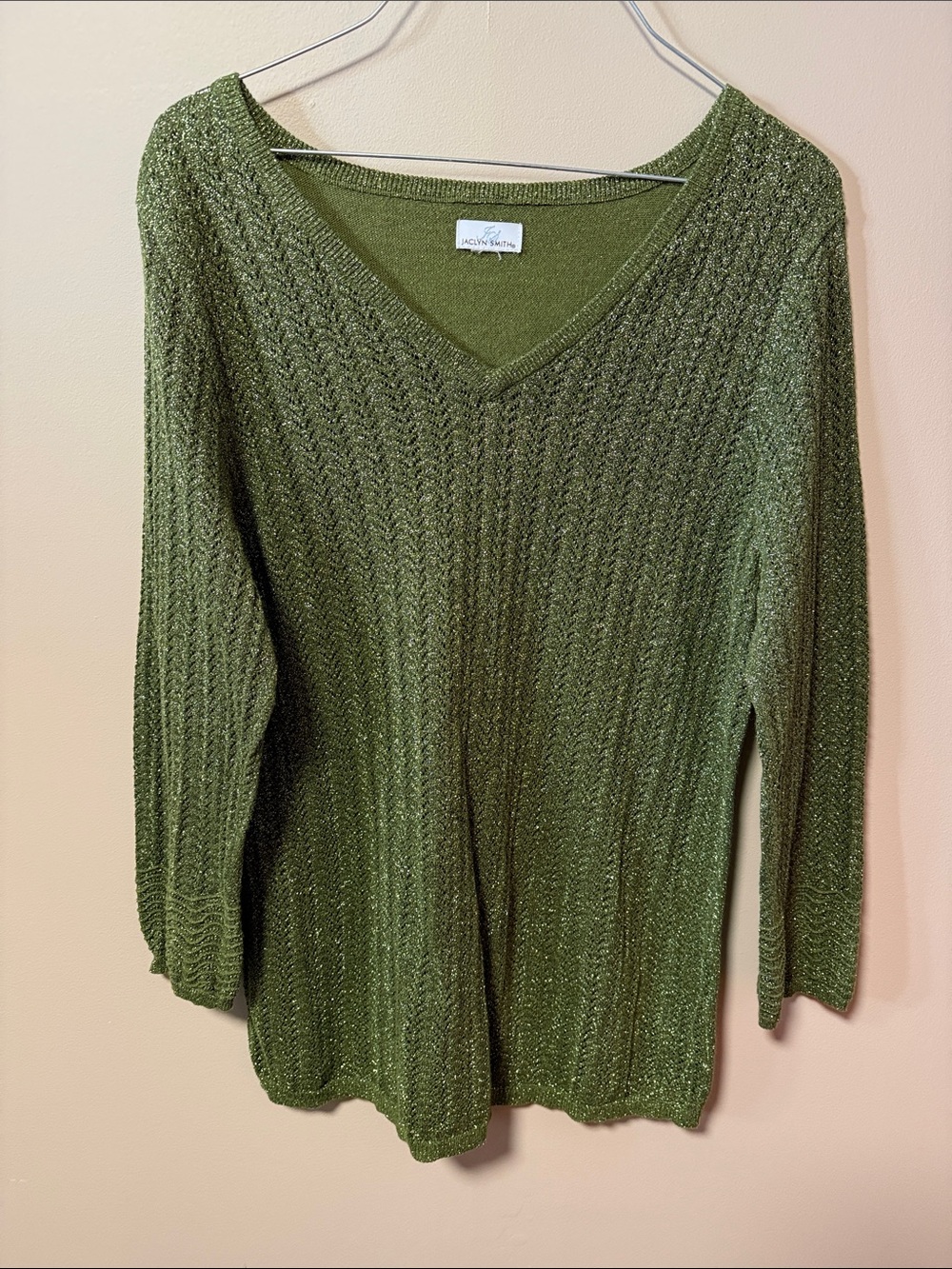 Jaclyn Smith Olive Green V-Neck Knit Sweater